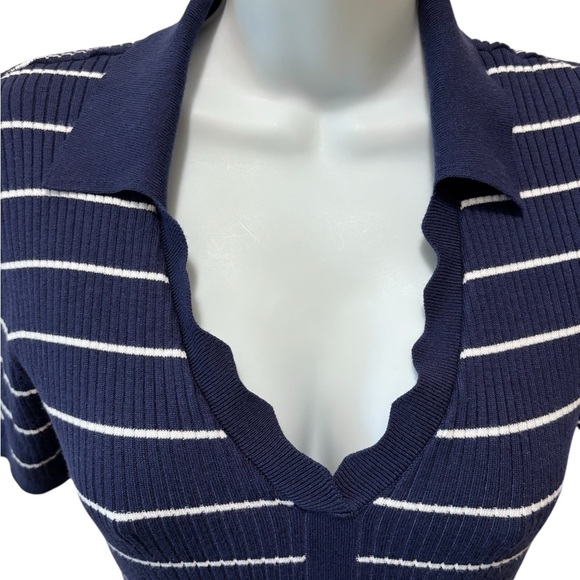 Laundry By Shelli Segal Striped Knit Polo Sweater M SS Navy White Scallop Neck - Picture 3 of 7